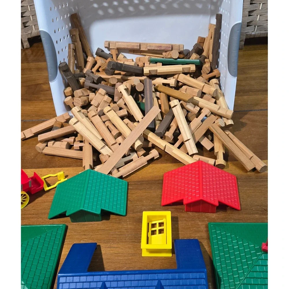 Vintage Lincoln Logs Wooden Building Set Bulk Lot Roofs Door Wagon Flag